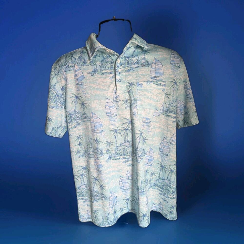 IZOD Saltwater Polo Shirt Mens L Sailboat Palm Tree Tropical Hawaiian Blue